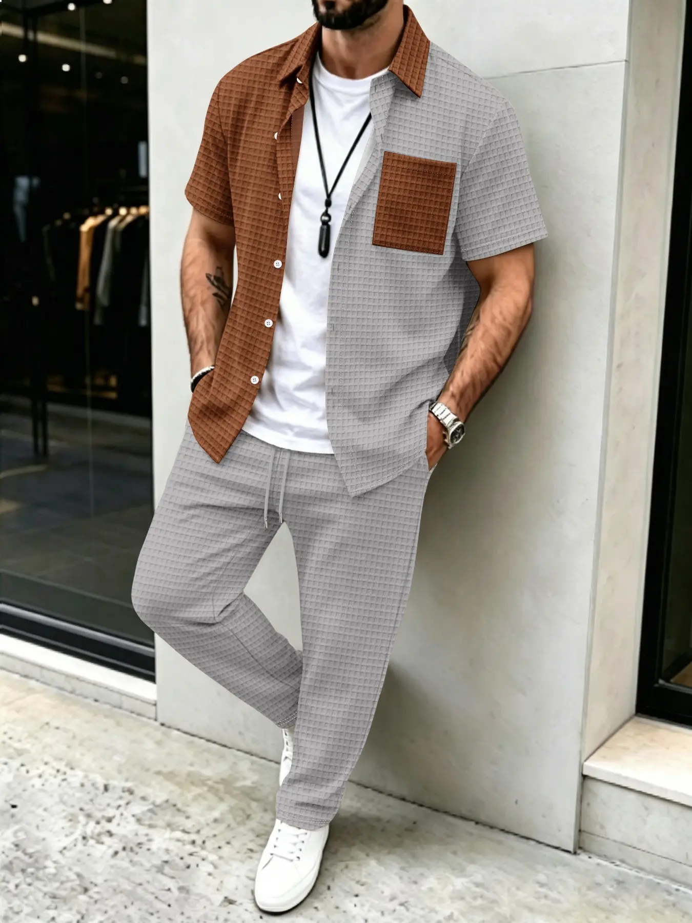 Summer Clothes Fashion - Мужской комплект: рубашка с вафельным узором