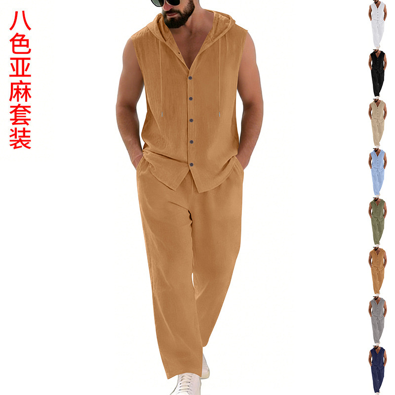 Summer Clothing Sets Men - Мужской повседневный льняной костюм: толстовка с