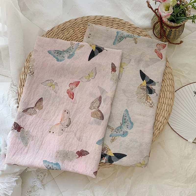 Summer Clothing Fabric - Ткань с принтом бабочек на бежево-розовой